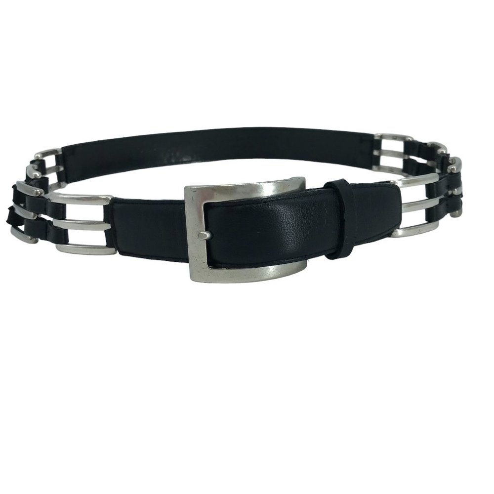 Nbel Italy Womens L Black Leather Belt Silver Chain Lux Brand